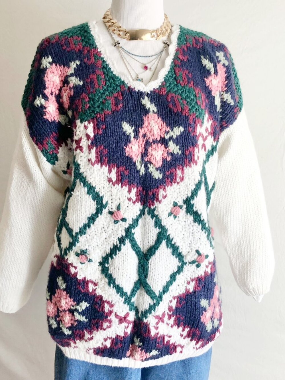 Vintage 80s Needlepoint Pattern Sweater Size M